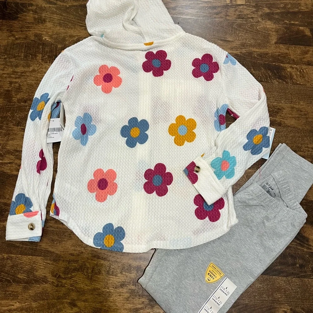 Floral Kids Hoodie button up thermal with Multicolor Flowers and grey leggings