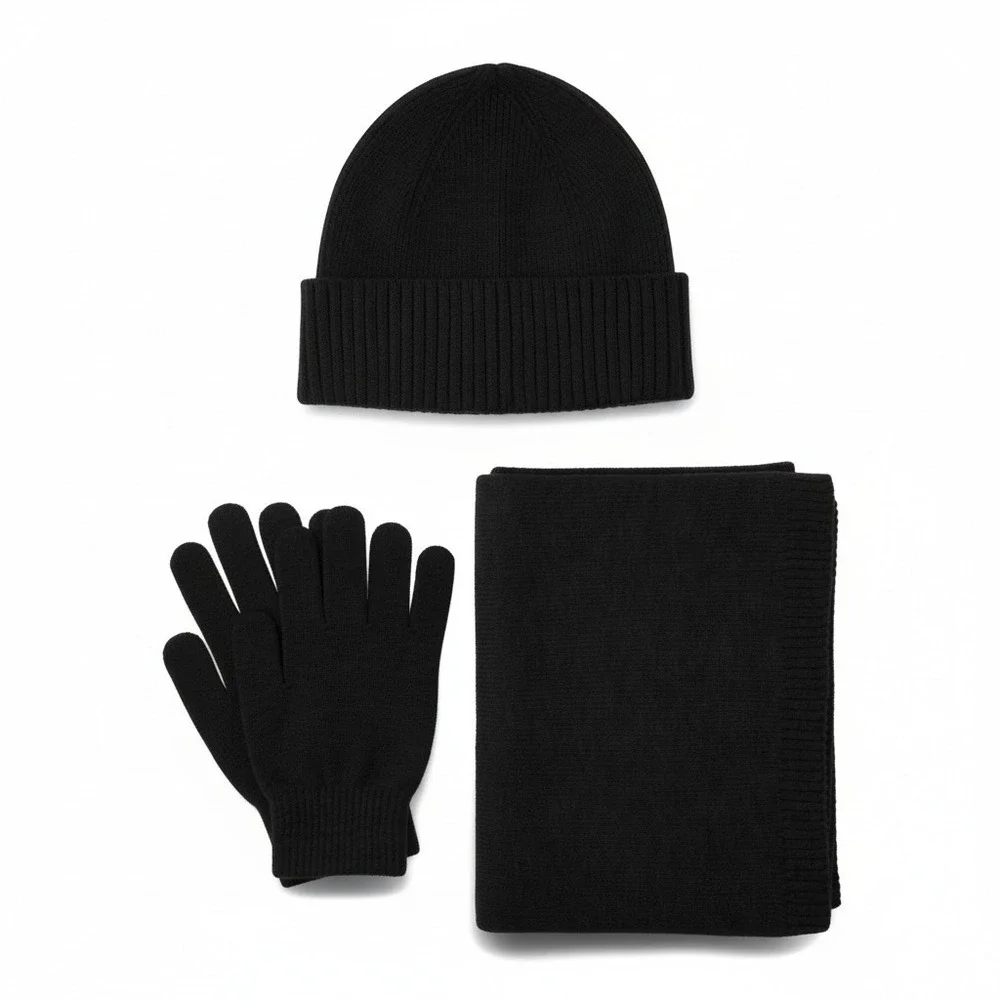 Time and Tru Womens 3-Piece Beanie Gloves Scarf Set One Size Black Winter Knit