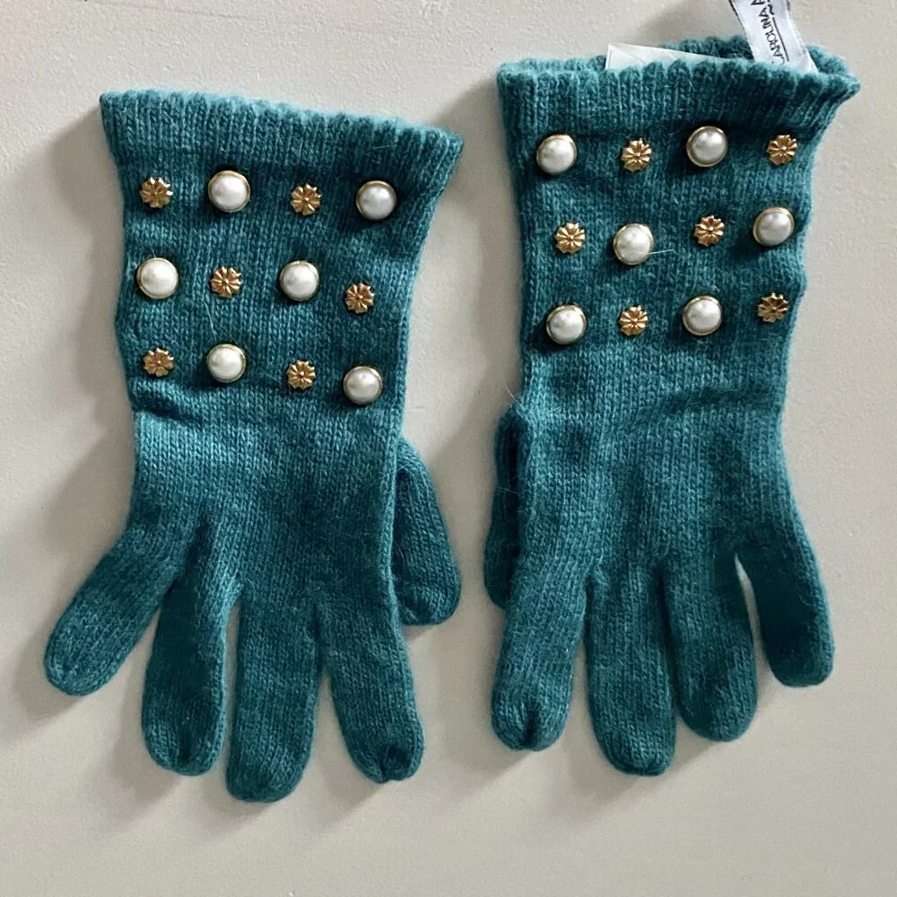 New Carolina Amato Turquoise Wool Angora Embellished Pearl Gold Beads Gloves OS