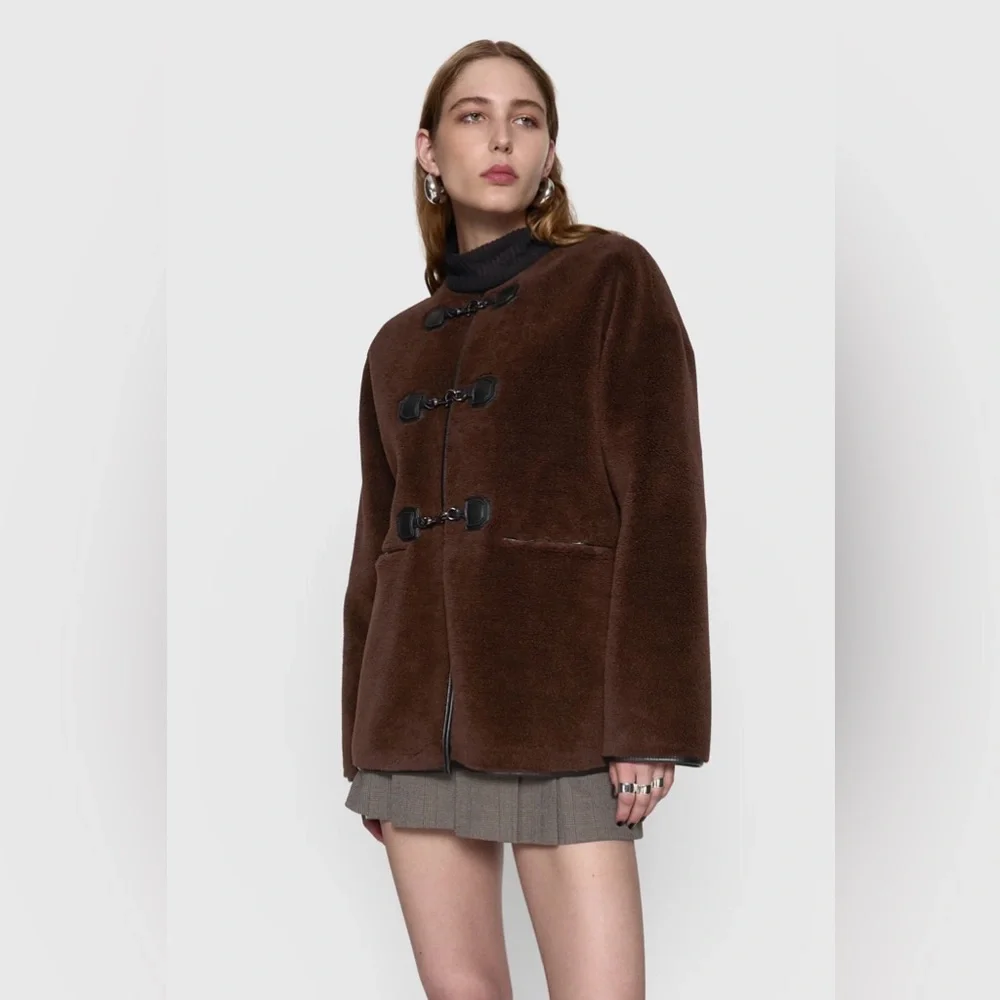 Rebecca Minkoff vegan shearling toggle jacket in chocolate brown