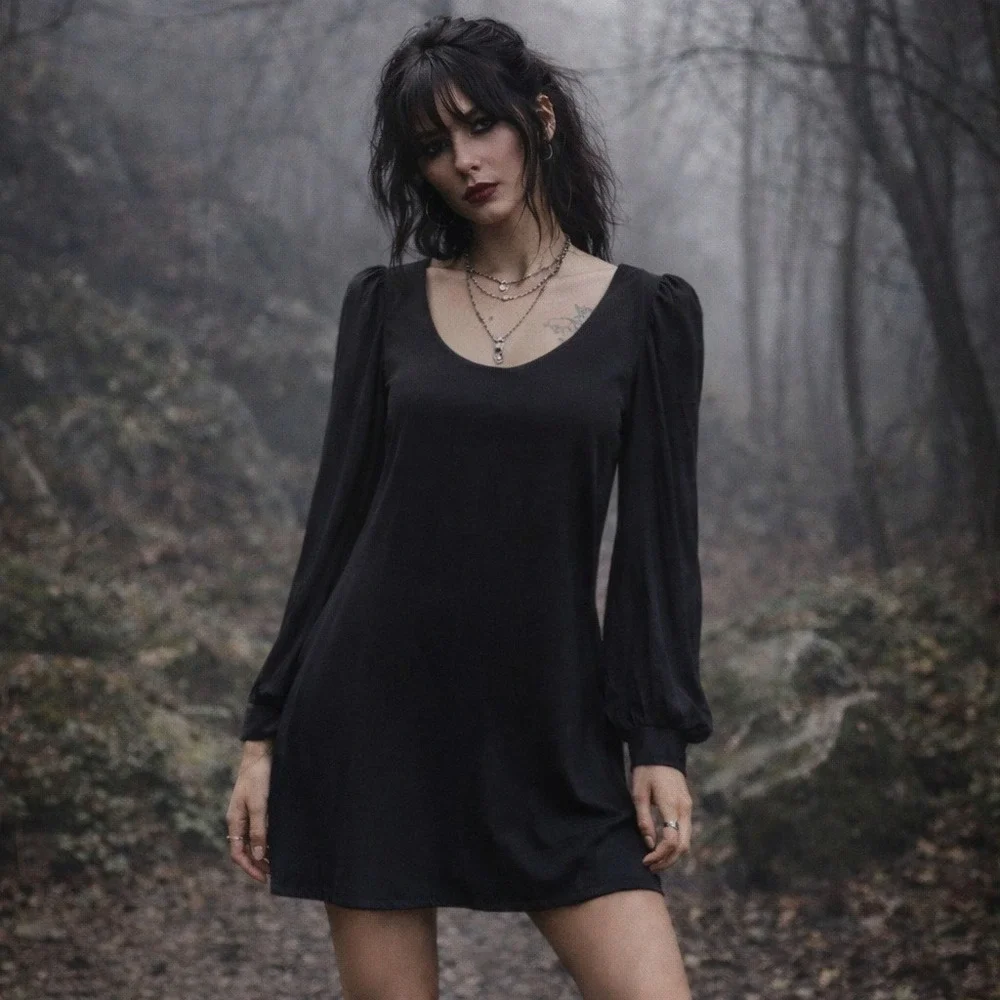 Shaye Blue Womens Fairy Grunge Black Sheer Sleeve Mini Dress Whimsigoth Vamp M