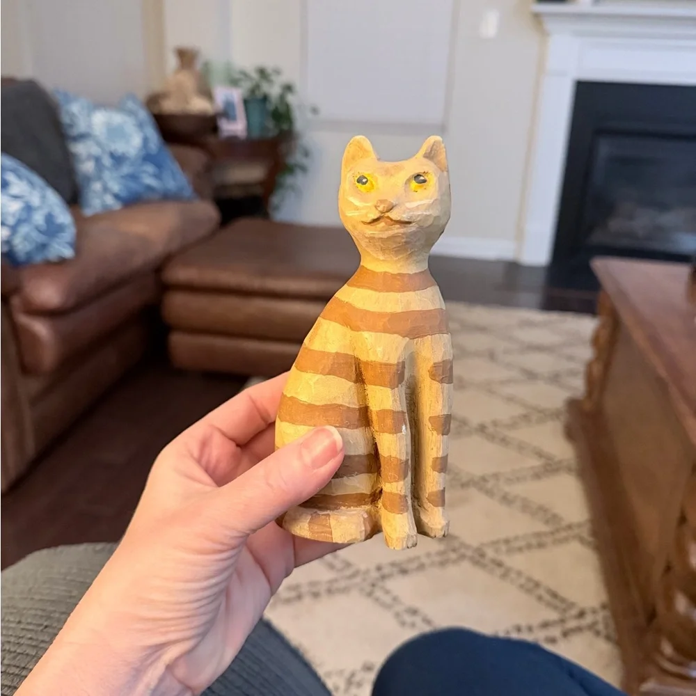 Handcarved wood Striped Cat Figurine