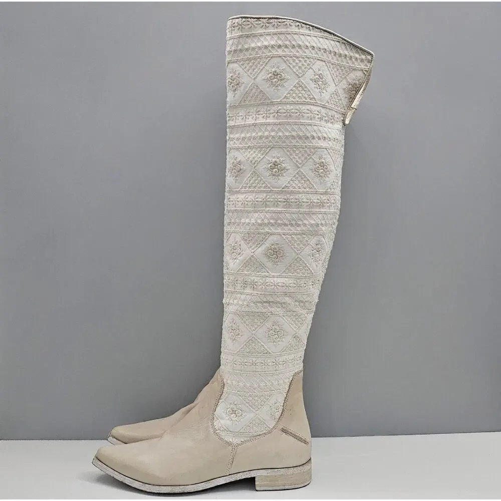 Free People Bren Knee High Boot Womens EU 38 Cream Embroidered Boho Slouchy NEW