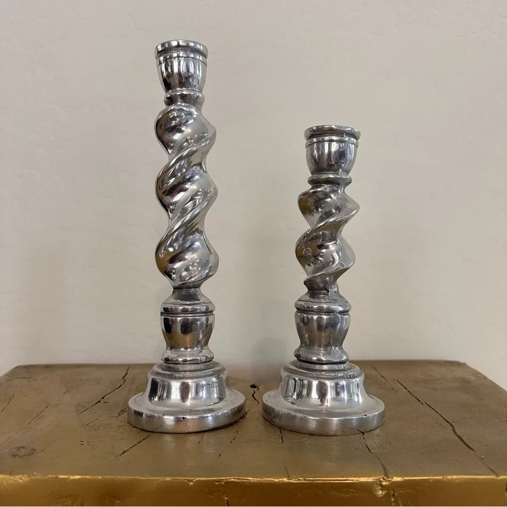 Set of 2 Vintage metal Silvertone Spiral Candlesticks