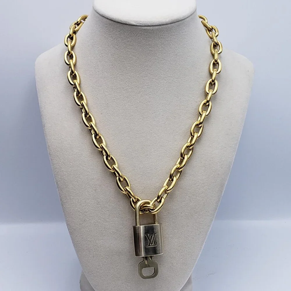 Authentic Louis Vuitton Gold Padlock w/Unbranded Stainless Steel Chain Necklace