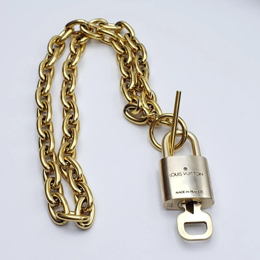Authentic Louis Vuitton Gold Padlock w/Unbranded Stainless Steel Chain Necklace