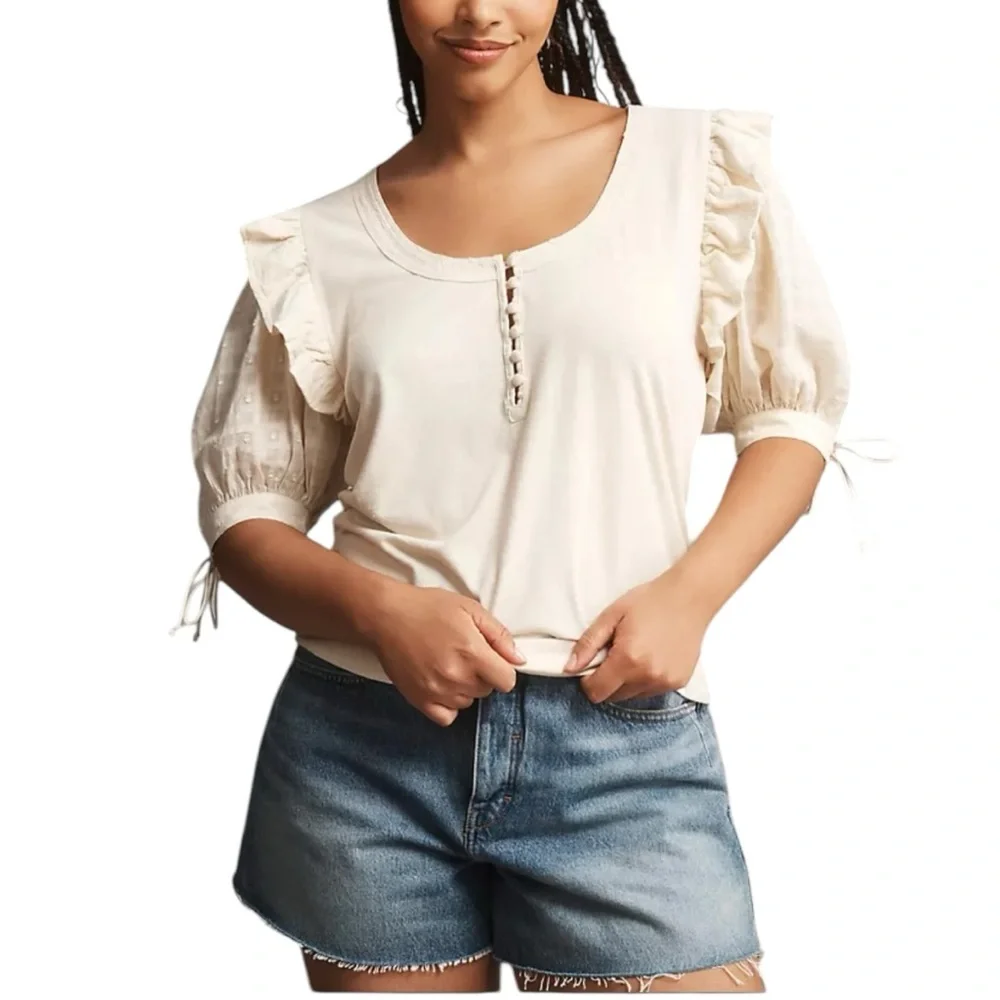By Anthropologie Embroidered Elbow Puff-Sleeve Top size XL Cream Floral NWT