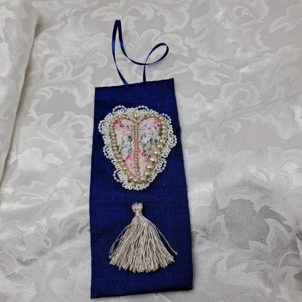 OOAK Handmade Textile Heart Flat Art Lace Pearls Silk