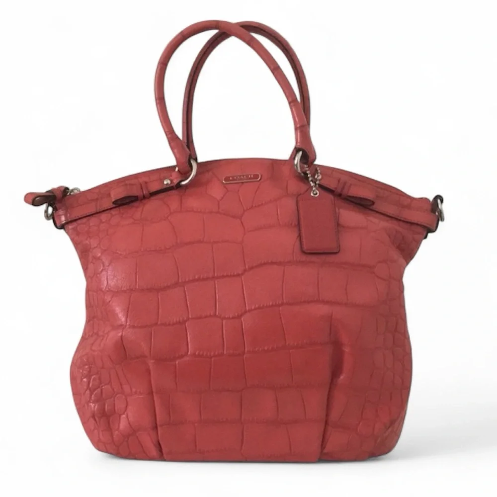 COACH Madison Crocodile Embossed Lindsey Satchel Coral Leather