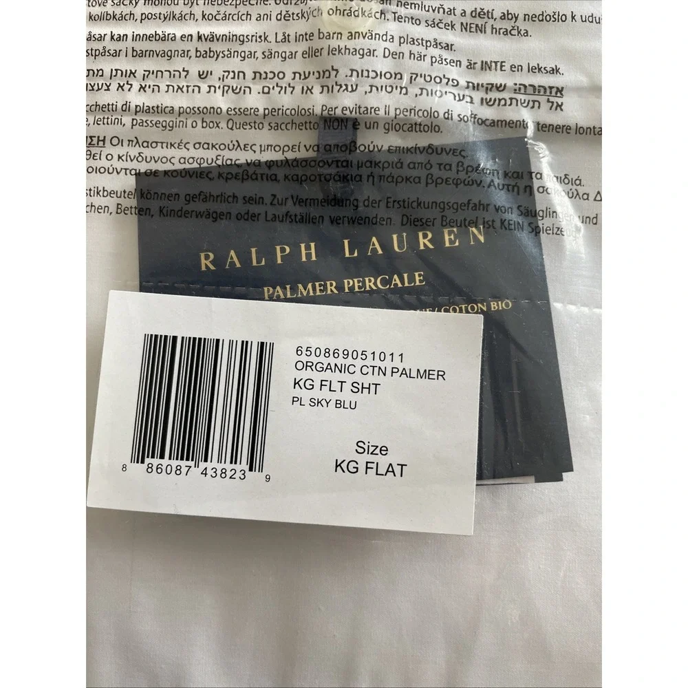 NEW Ralph Lauren Palmer Percale Cotton King flat sheet Sky Blue‎ White $200