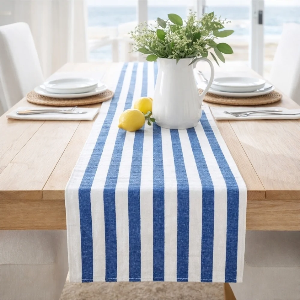 Pier 1 Blue & White Cabana Stripe Cotton Table Runner 72” Coastal NWOT