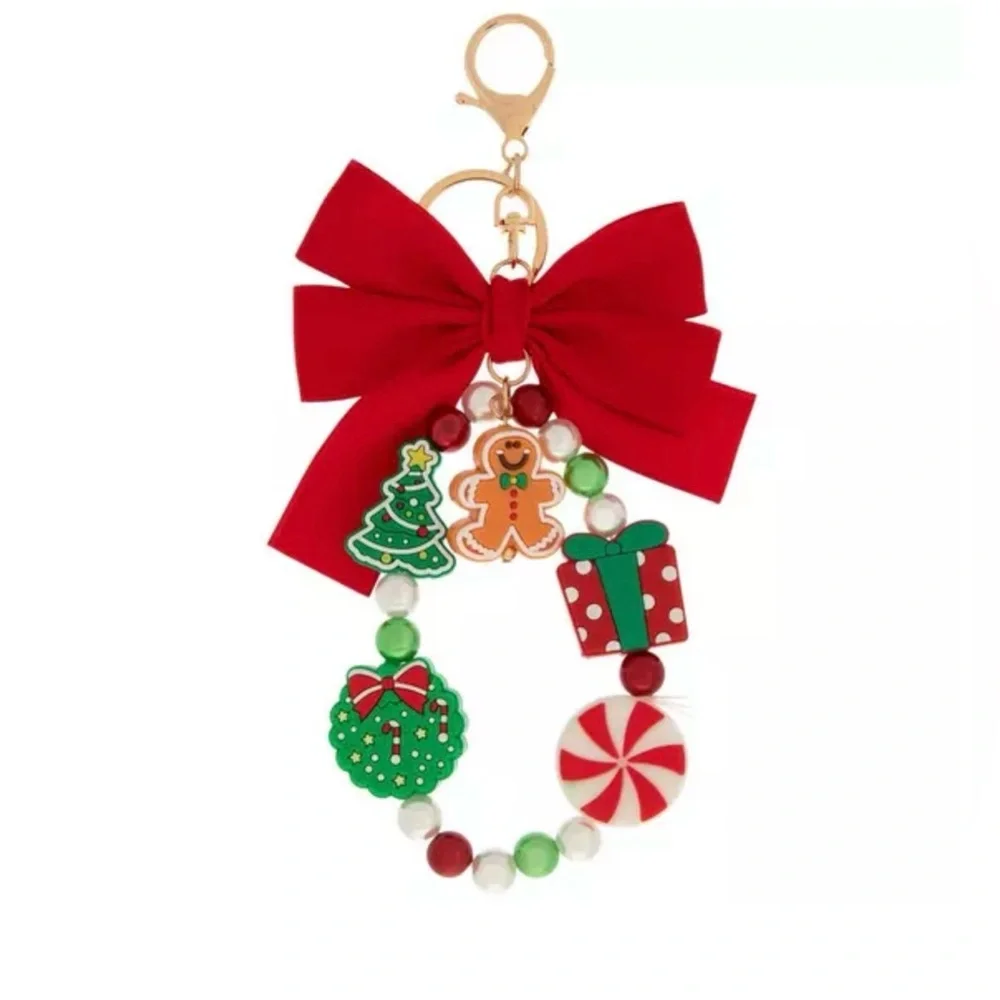 Christmas Beaded  silicone Bracelet Keychain  with Red Bow