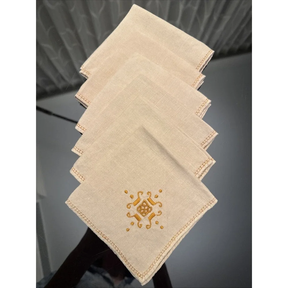 Set Of 6 Napkins Natural Beige‎ Orange Embroidered  Edges Blend Linen Fabric 10