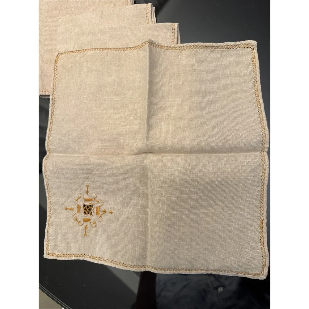 Set Of 6 Napkins Natural Beige‎ Orange Embroidered  Edges Blend Linen Fabric 10