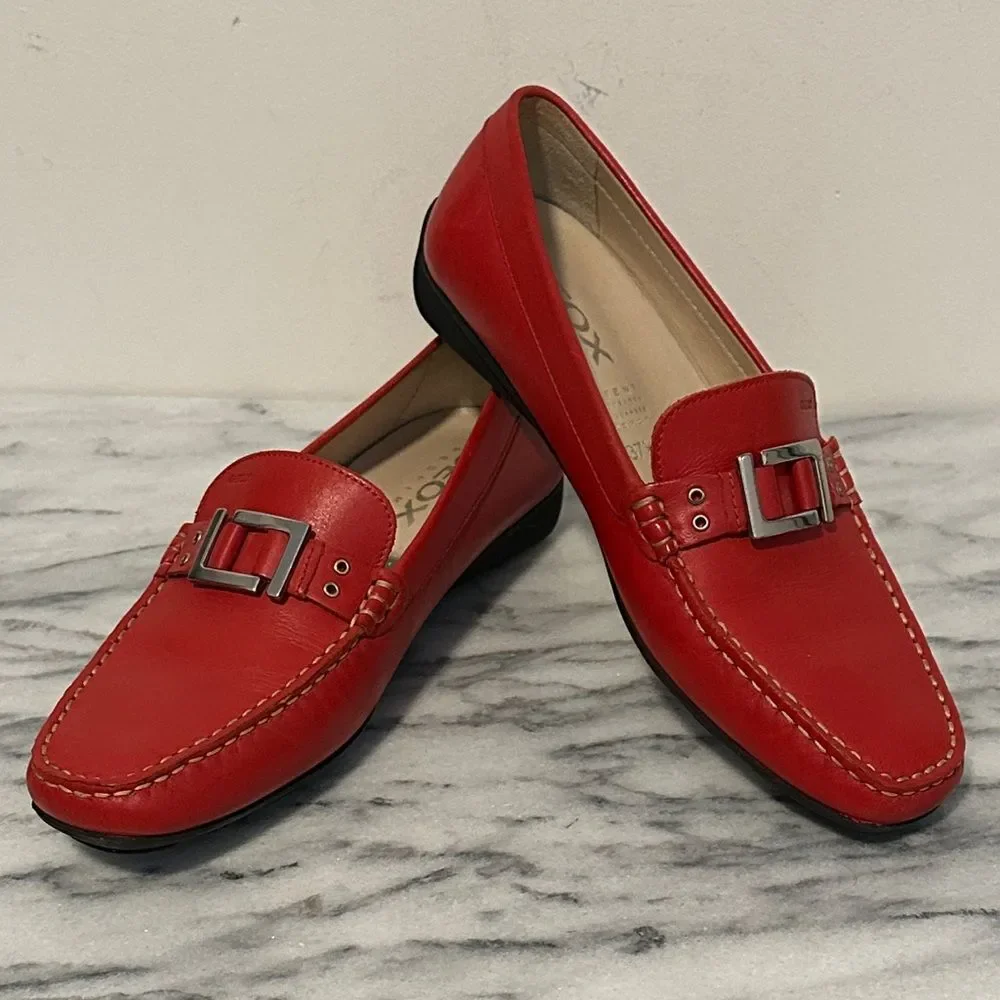 Geox Vibrant Red Leather Loafers womens sz 37.5
