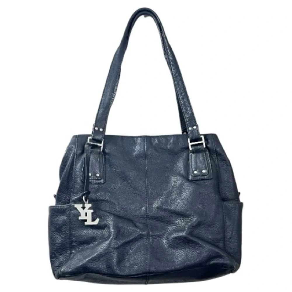 YL New York London Black Leather Tote Bag Large Shoulder Handbag Silver Charm
