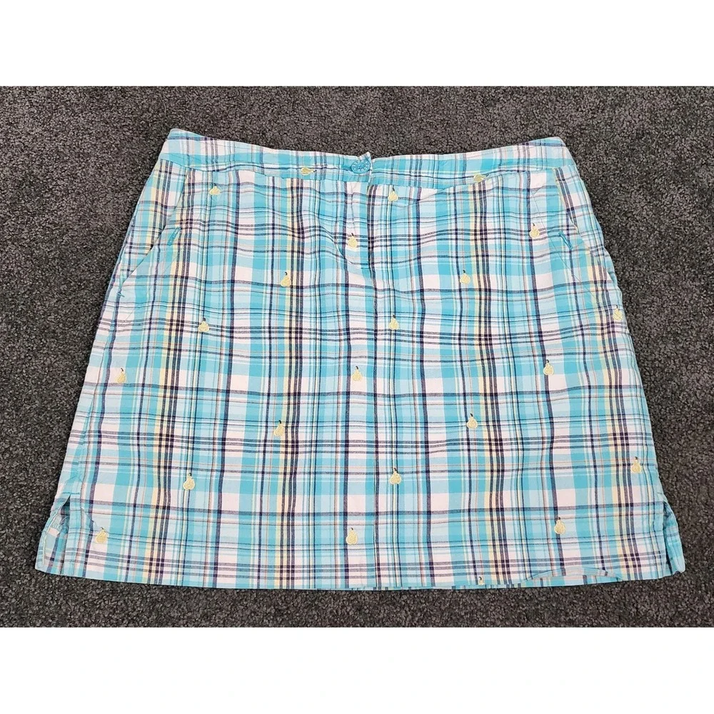 IZOD Skort Golf Athletic Plaid Embroidered Pears Blue White Skirt Size 2 Sport‎