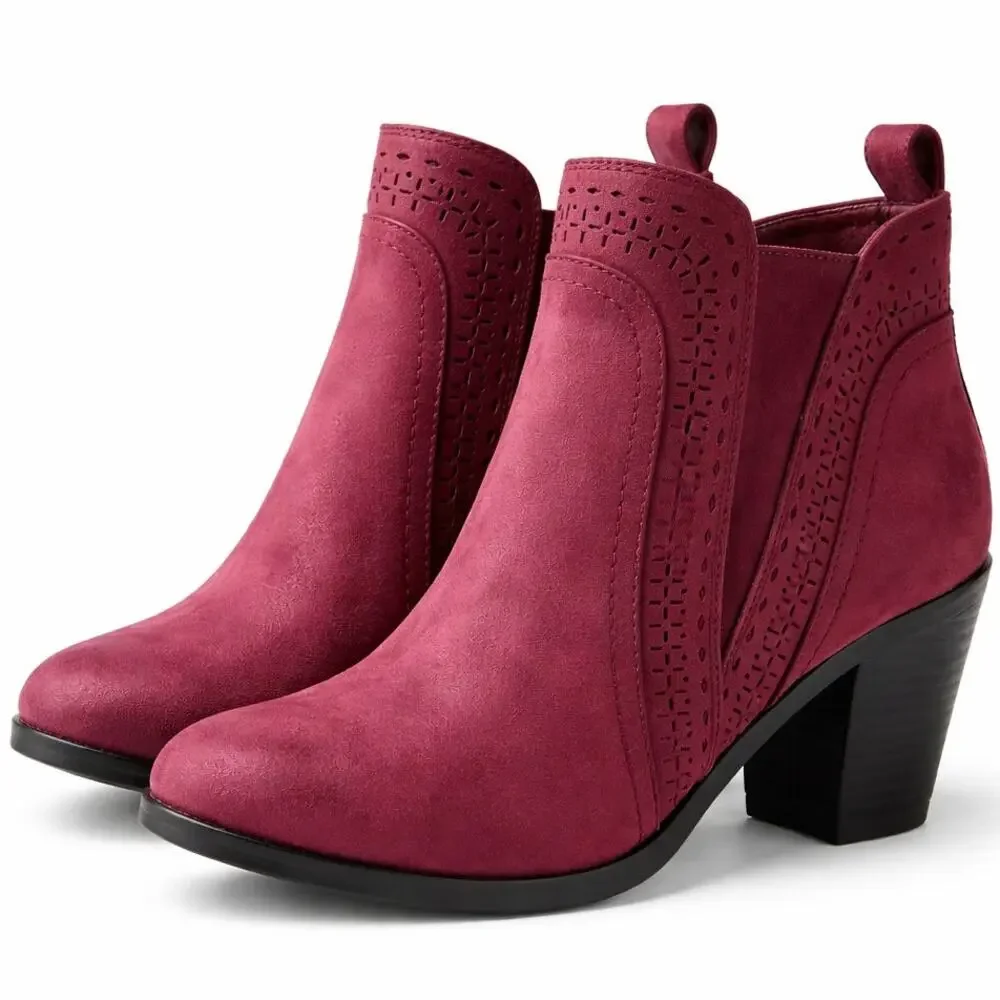 Mia Ladies’ Burgundy Faux Suede Heeled Ankle Boots Size 9 New western-inspired