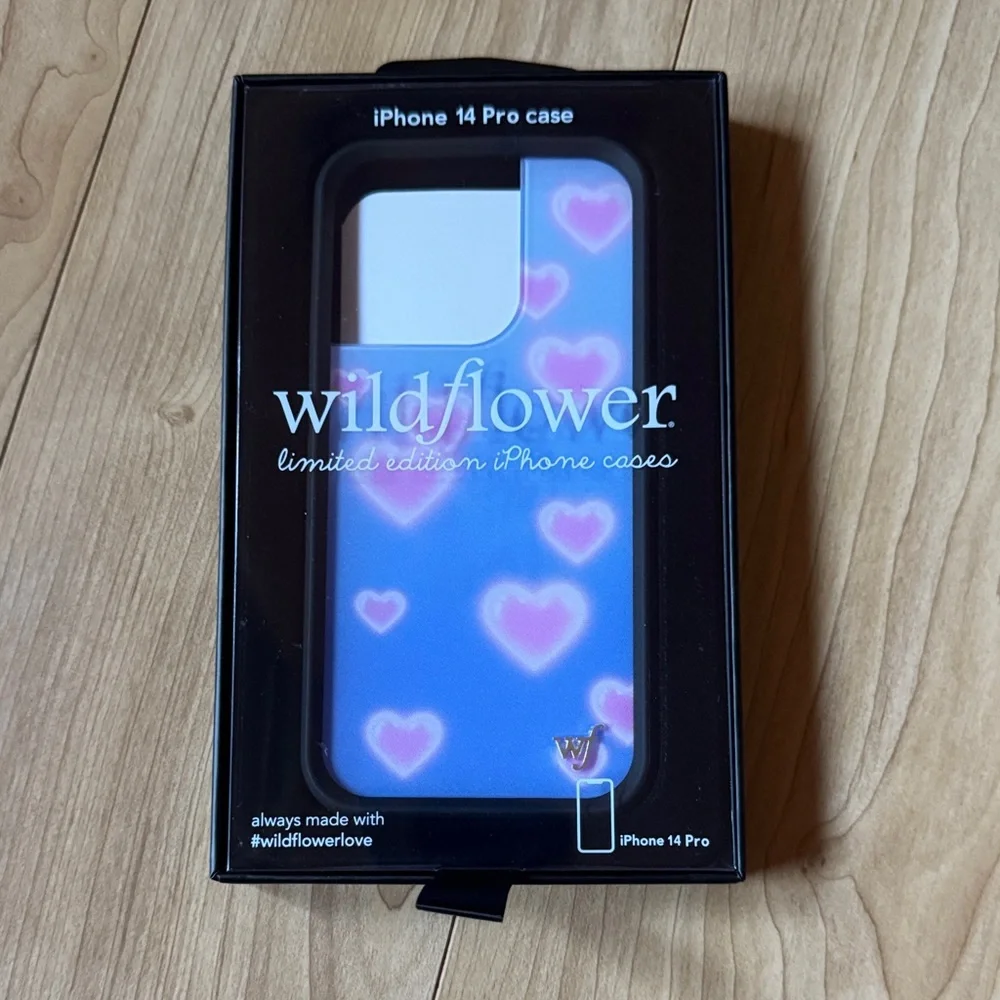 Wildflowers iPhone 14 Pro Case - Blue with Pink Heart Design