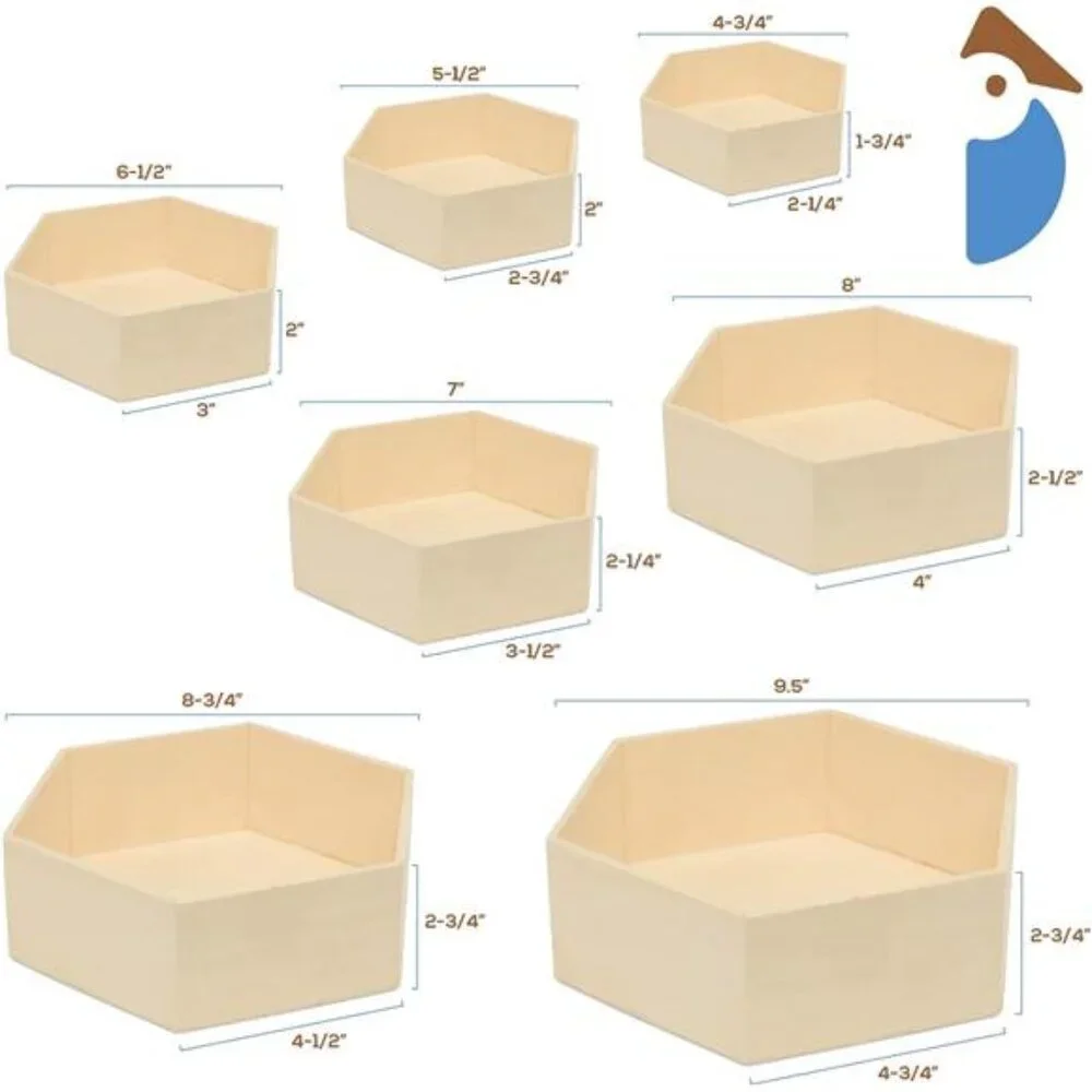 New Wooden Hexagon Floating Shelves with Backs, Set of 7, Unfinished