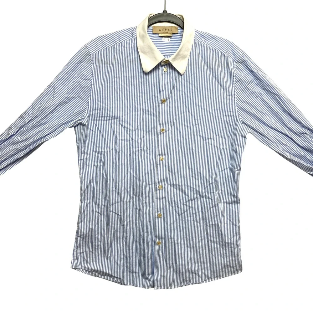 GUCCI Uniform Shirt Mens 16 Blue Long Sleeve White Collar Button Down Stripe