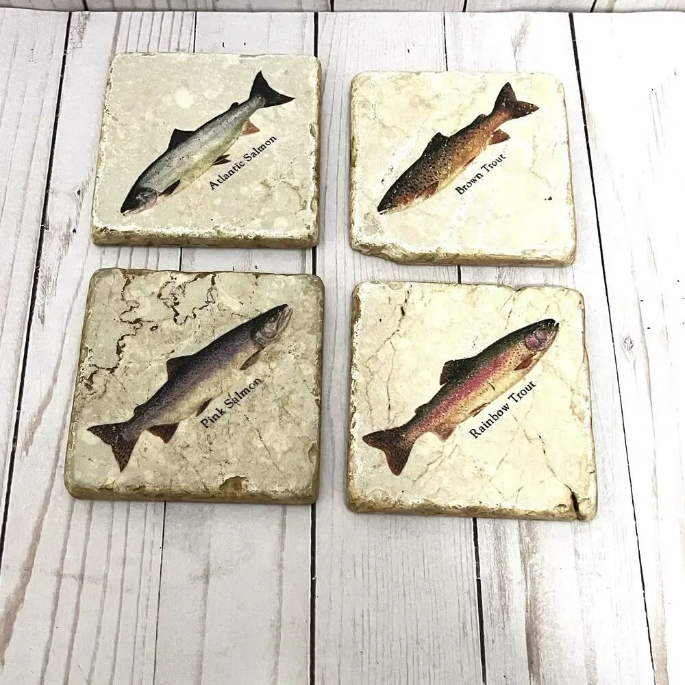 Studio Vertu Stone Coaster Set 4 Fish Salmon Trout Travertine Rustic Lodge Decor