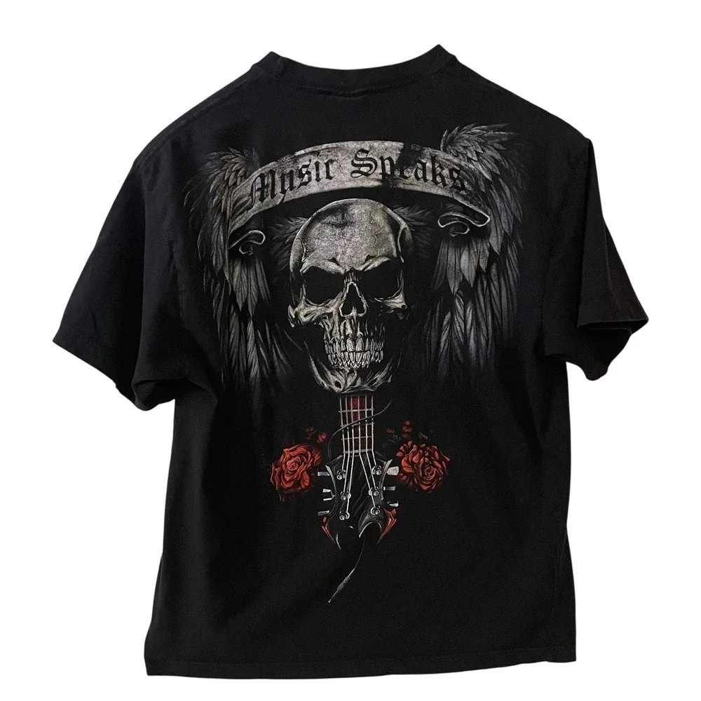 Vtg Spiral Direct Skull Guitar Wings Gothic Rock Tattoo Y2K Graphic T Shirt XL