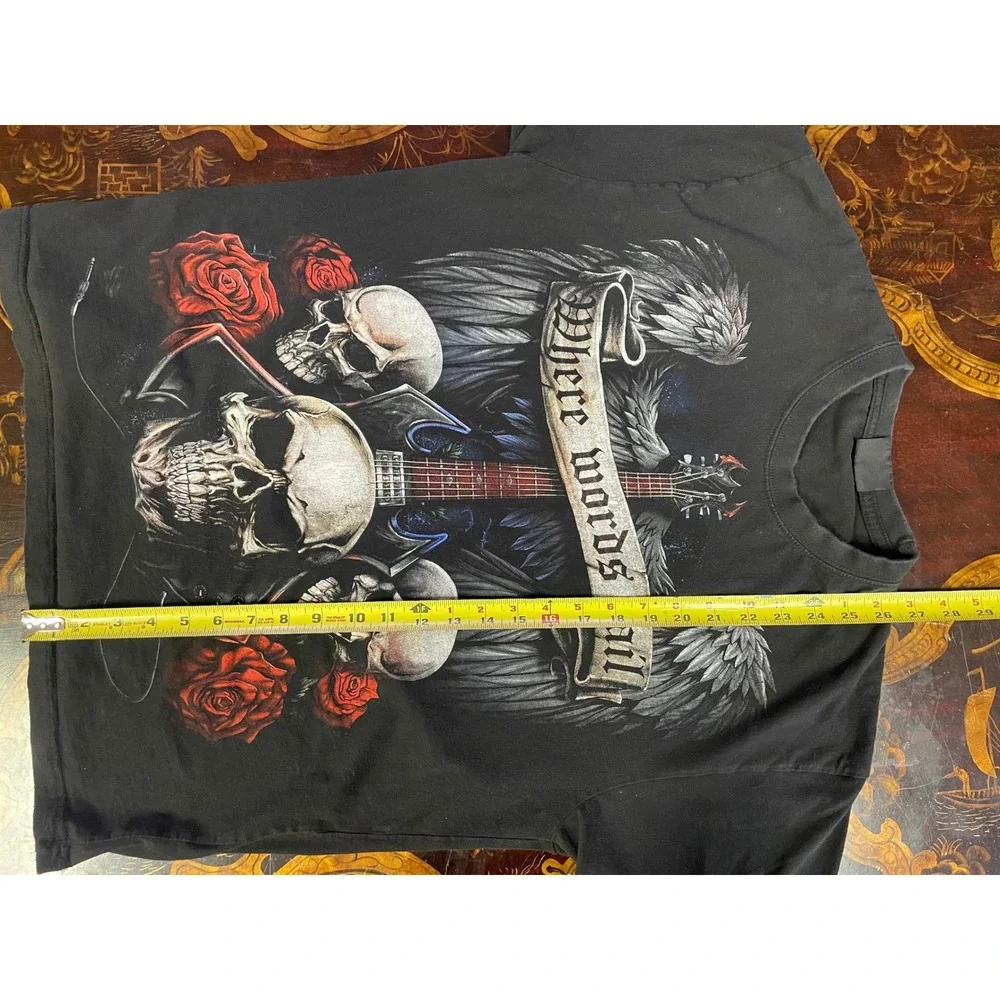 Vtg Spiral Direct Skull Guitar Wings Gothic Rock Tattoo Y2K Graphic T Shirt XL