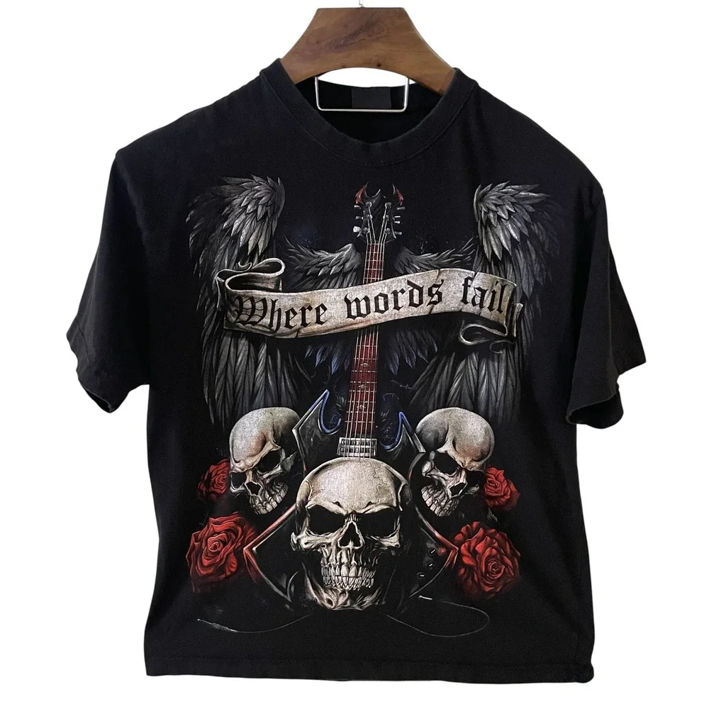 Vtg Spiral Direct Skull Guitar Wings Gothic Rock Tattoo Y2K Graphic T Shirt XL