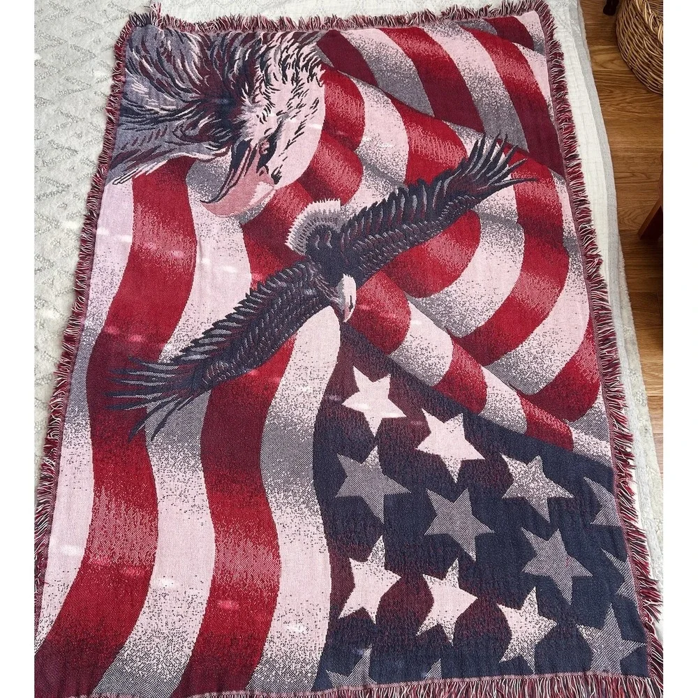 Vintage Tapestry Throw Blanket Goodwin Weavers USA Patriotic Eagle American Flag
