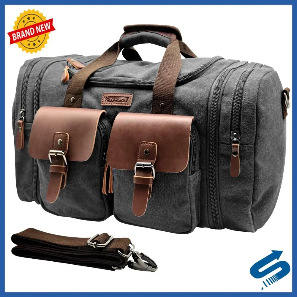 Retro Canvas Leather Duffle Bag Expandable Travel Weekender Carry On