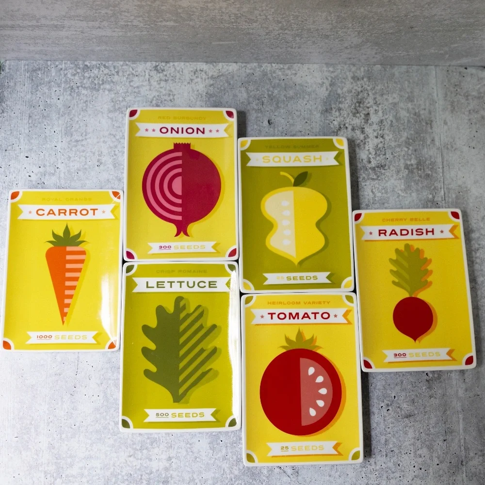 Set of 6 Vegetable Seed Packet Appetizer Snack Plates CRATE & BARREL Ceramic EUC