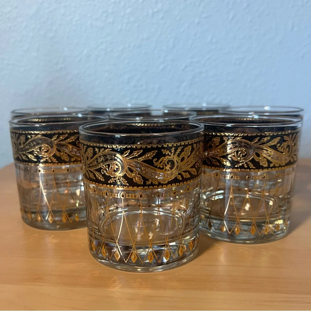 Set of 8 22K Gold Bavaria Culver Ebony Baroque Bucket Lowball Glassware Vintage