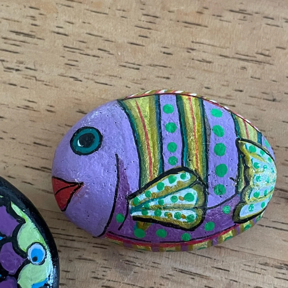 Hand crafted painted fish rocks set of 2 blue purple black yellow dots 2x2 inch