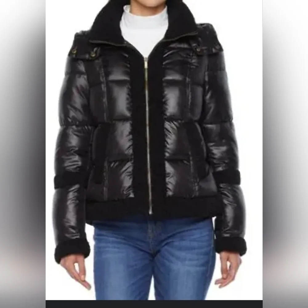 A.n.a Black Glossy Puffer Sherpa Detail Hooded Chic Cold Winter Weather Jacket