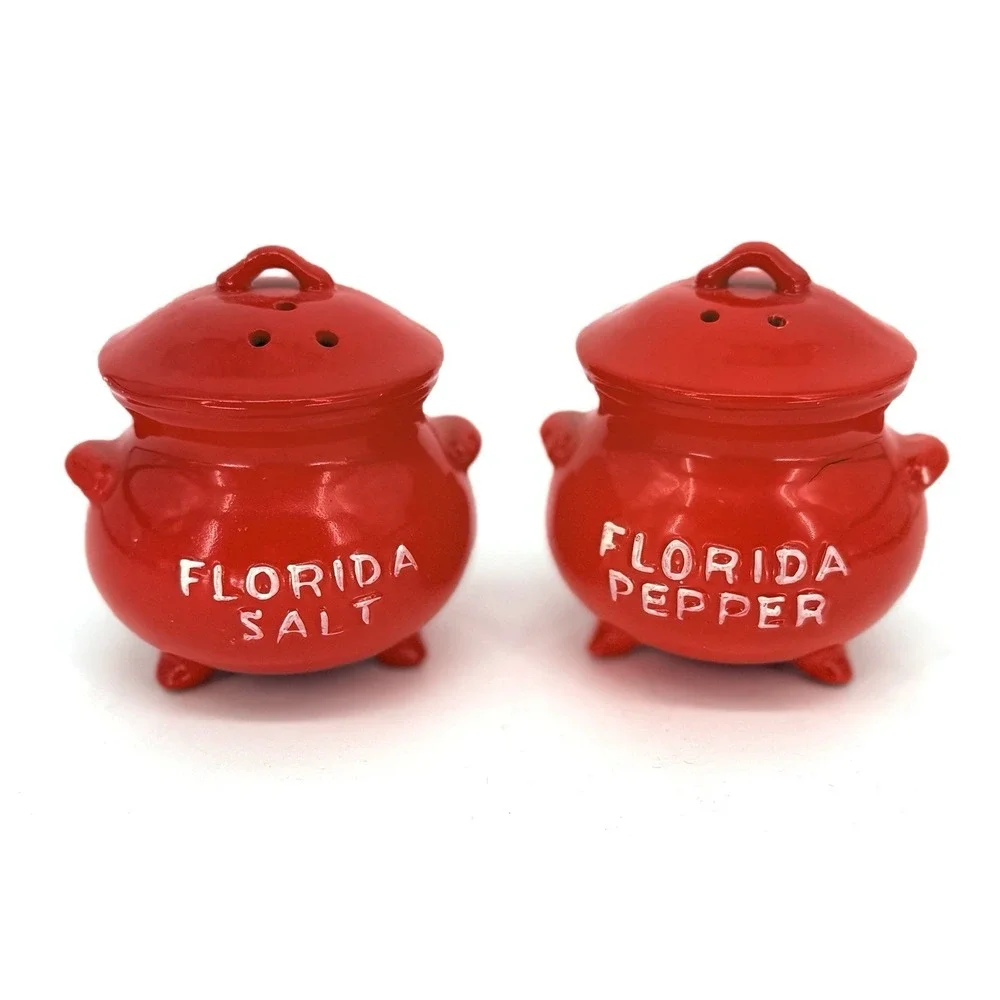 Vtg Collectible Lego Footed Red Kettle Florida Salt & Pepper Shakers 3x3