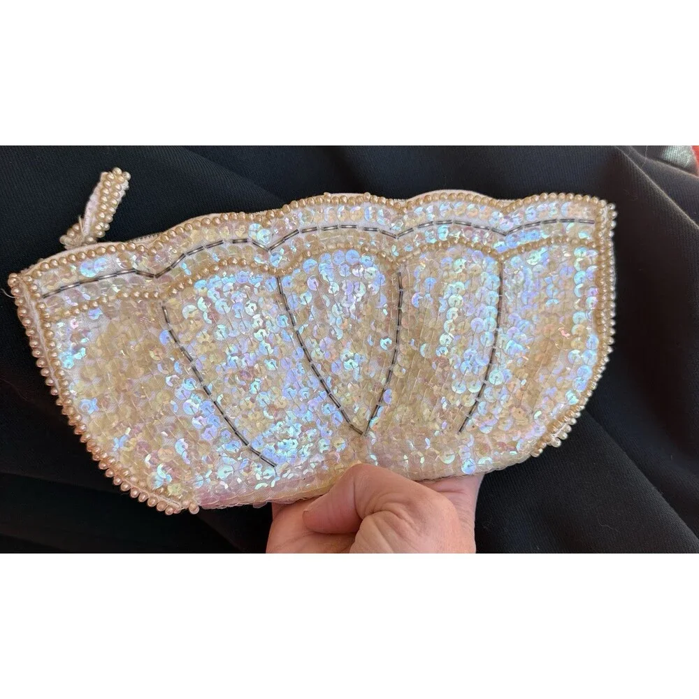Vintage La Regale Iridescent Sequin Clutch Pearl Beaded Evening Bag Japan