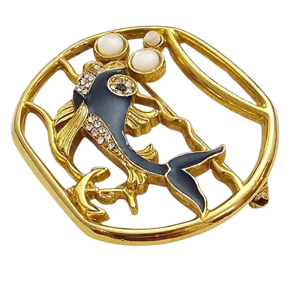 1928 Brand Fish In Bowl Brooch Mother Of Pearl Cab Blue Enamel Pin J295