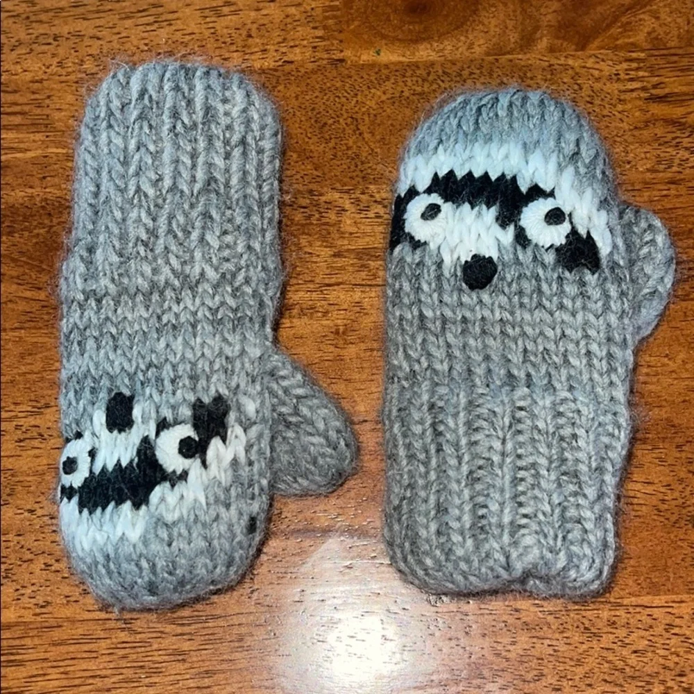 Gray Raccoon Knitted Warm Toddler Mittens