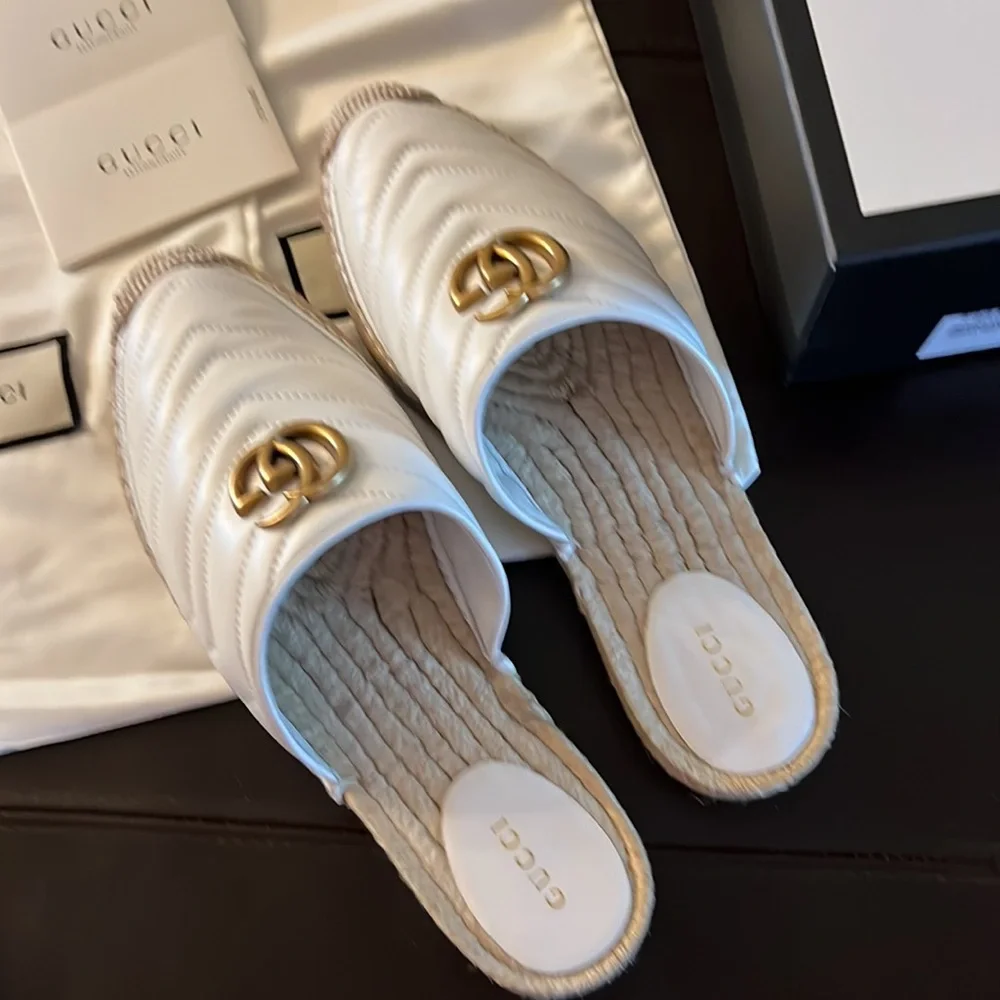 GUCCI Marmont Double G Espadrilles Nappa Charlotte White EUR 41 US 10