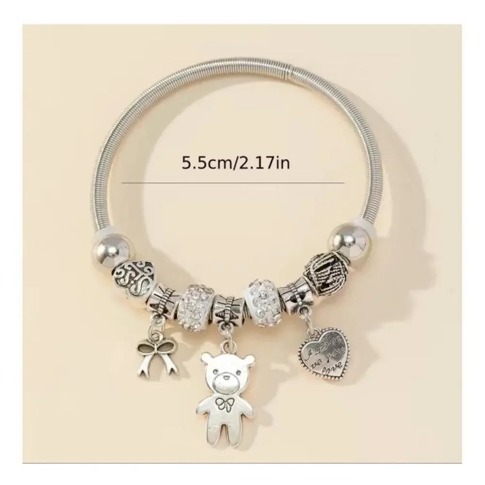Beaded I Love You Bear Charm Zinc Alloy Open Cuff Bangle Bracelet