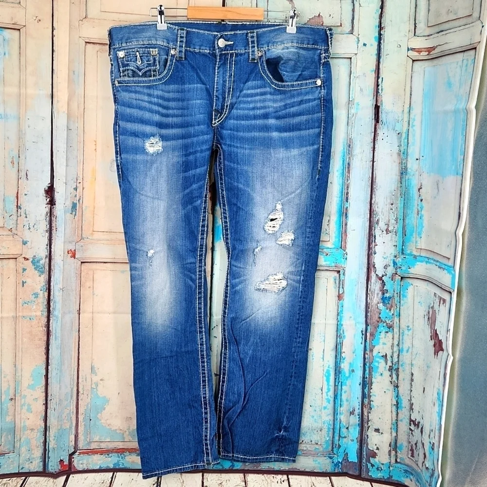 True Religion Straight Flap Natural Big T Jeans