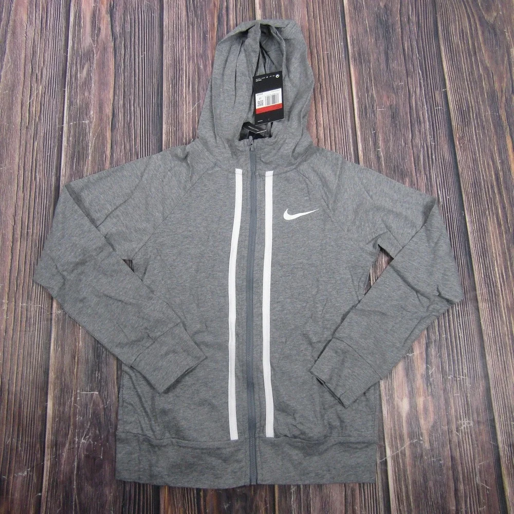 Nike Hoodie Girls Large Gray Full Zip Swoosh 100% Cotton Lightweight AQ9051-091