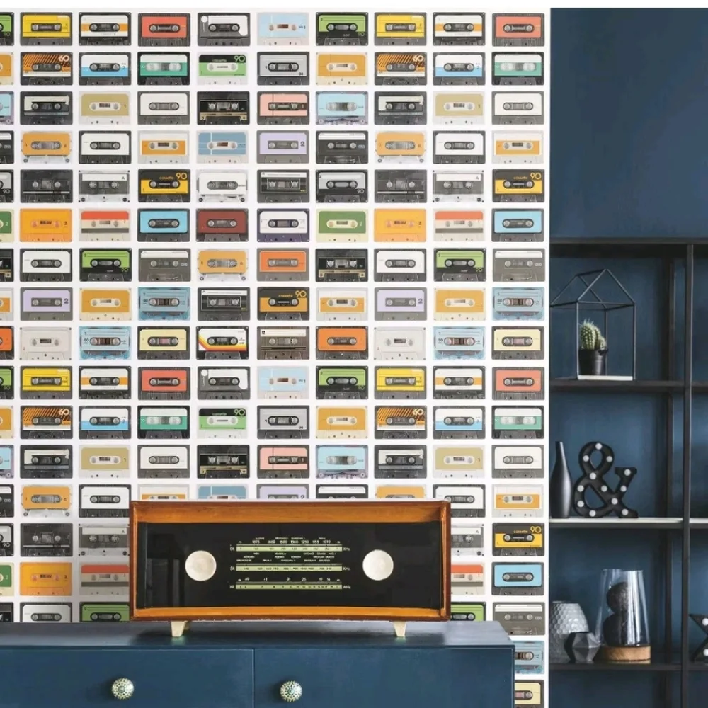 RoomMates Retro Cassettes Peel and Stick Wallpaper: Vinyl Self-Adhesive, Floral
