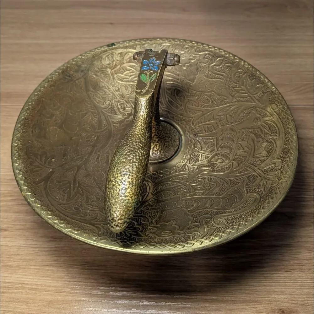 Vintage Brass Walnut Cracker & Bowl Made in Israel Flower & Animal Design