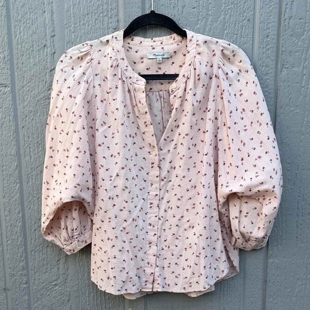 Madewell Pink Puff Sleeves Peasant Floral Top Size: S