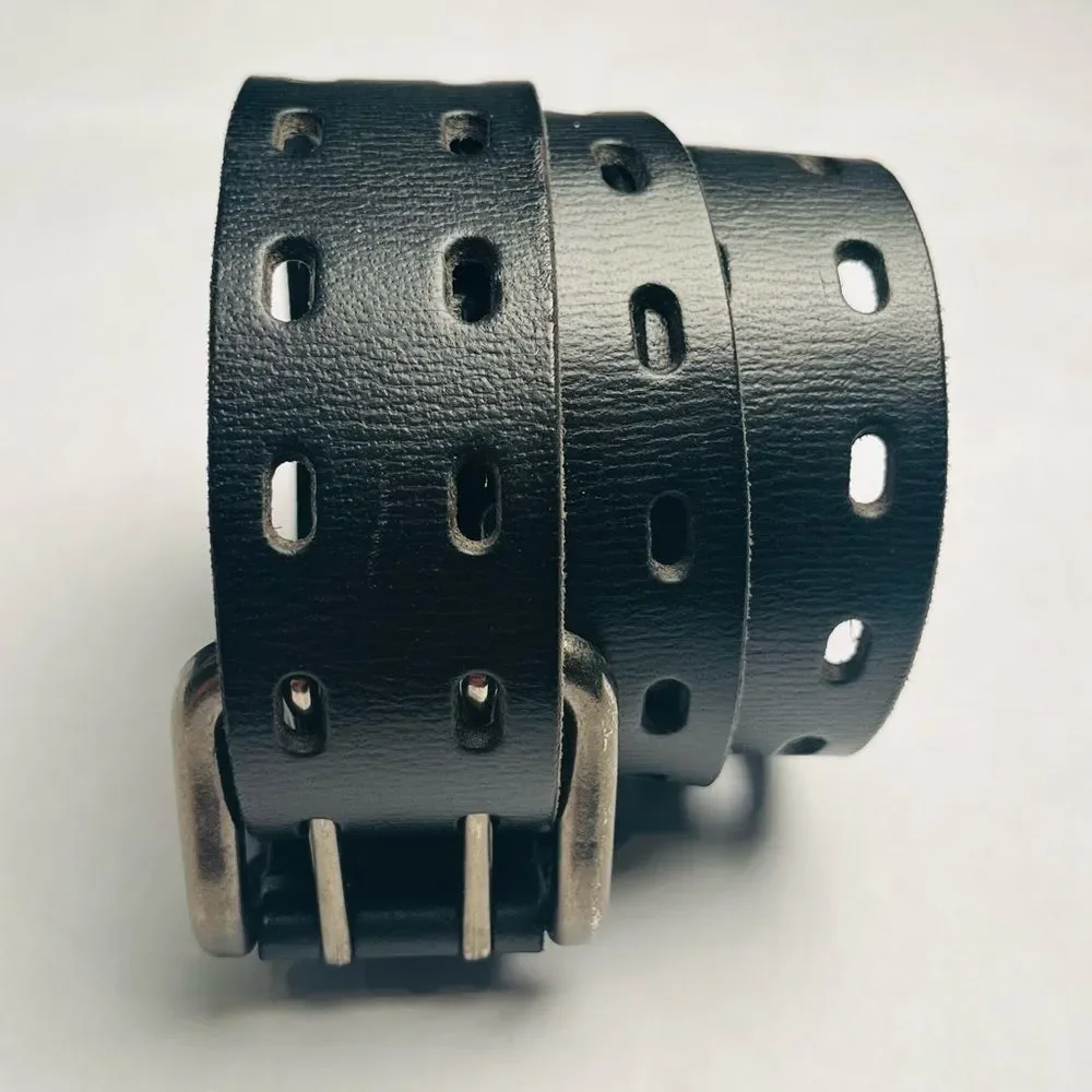 Black Leather Men’s Belt with Silver Double Buckle Size 36/90