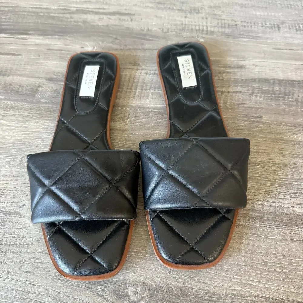 Steven Black Quilted Leather Slide On Sandals