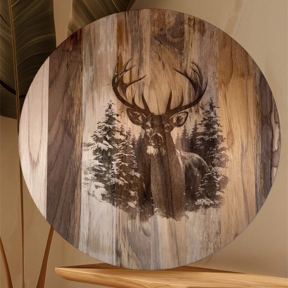 Teak Wood Round Cutting Board Deer Scene Rustic Engraved Decor Serving Board