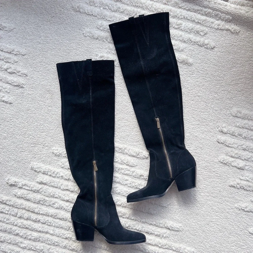 Michael Kors Harlow OTK Over The Knee Boots Black Suede Cuban Heel Side Zip US 8